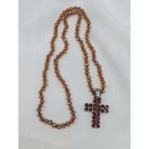 Vintage Rhinestone Cross Necklace Long Amber Brown Faceted Beads Knotted 34 Inch